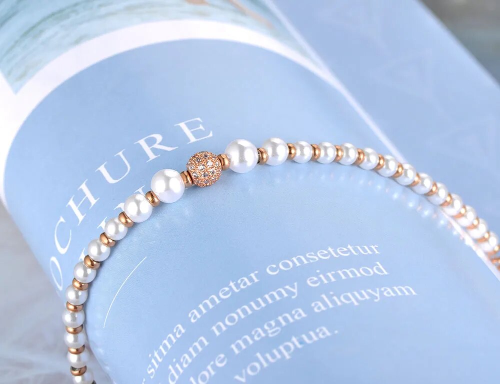 Lokaer Stainless Steel Simulated Pearl Charm Bracelets For Women Girls Bohemia CZ Crystal Chain & Link Bracelet Jewelry B19079