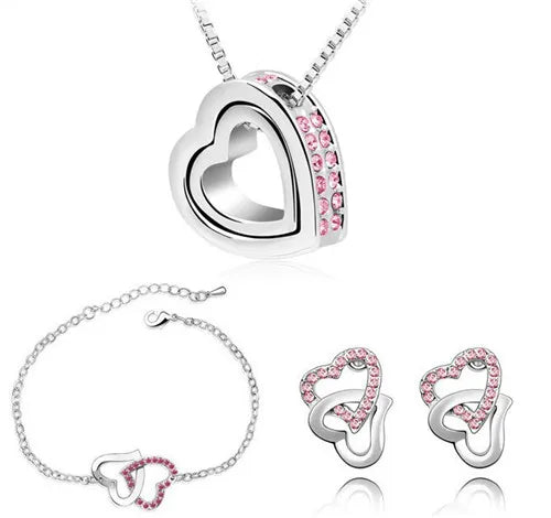 Double Heart pendant necklace earrings bracelets fashion Jewelry sets charm lover quality AAAA+ rhinestones wedding girl summer