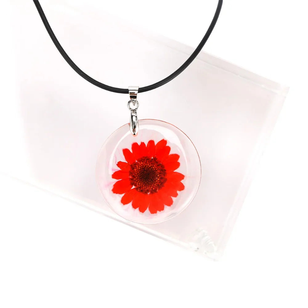 New 1 Pcs Beauty Cute Dried Daisy Flower Handmade Pendant Necklace Charm Gift Women's Jewelry Round Flower Necklace