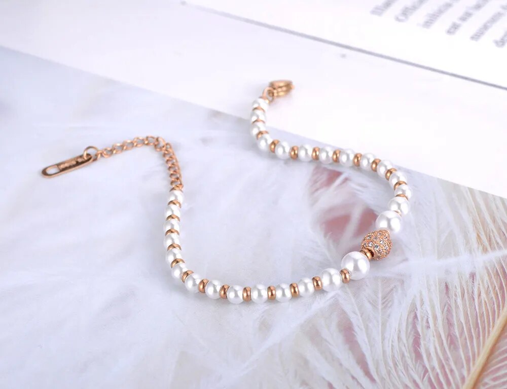 Lokaer Stainless Steel Simulated Pearl Charm Bracelets For Women Girls Bohemia CZ Crystal Chain & Link Bracelet Jewelry B19079