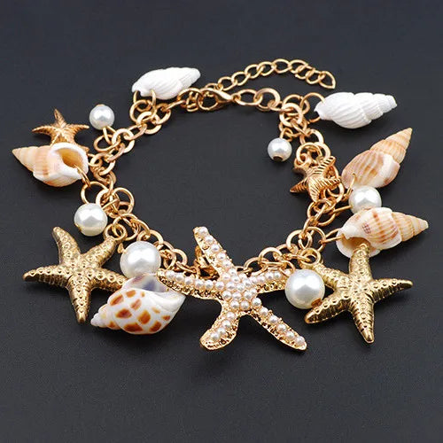 Best Selling Starfish Jewellery sets Charms Imitation Pearl Shell Necklace earrings Boho Gold Color Bracelet Beach Jewelry Set