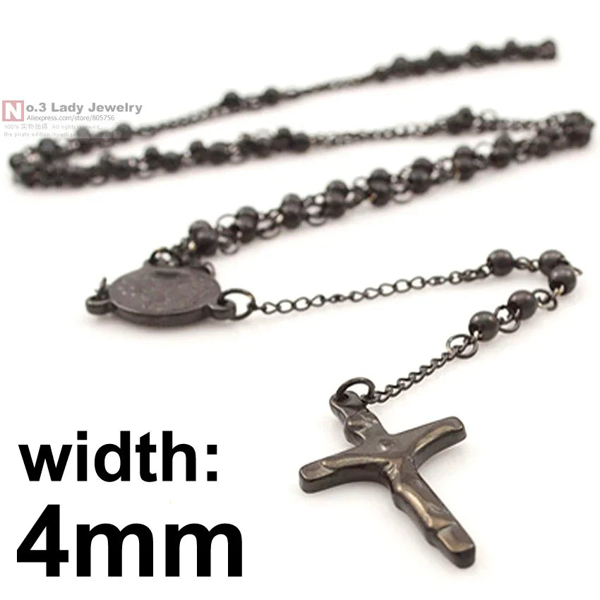 Gokadima Stainless Steel Necklace Men Jewelry or Women Catholic Rosary Beads Chain Necklace Cross For Christmas Gift, 4mm / 6mm