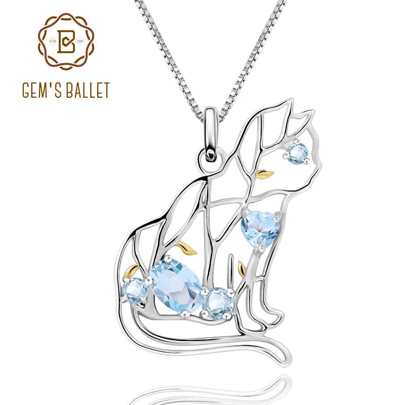 GEM'S BALLET Cat Shape Natural Sky Blue Topaz Animal Jewelry 925 Sterling Silver Handmade Gemstone Pendant Necklace For Women
