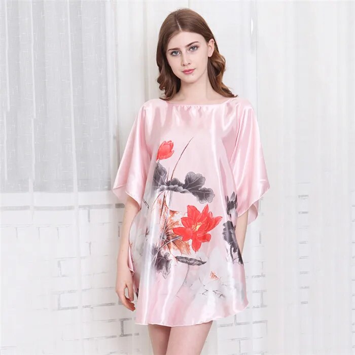Summer Women Nightgown Print Sleepwear Night Bath Dress Gown Satin Sleep Shirt Sexy Nightshirt Home Clothes Intimate Lingerie