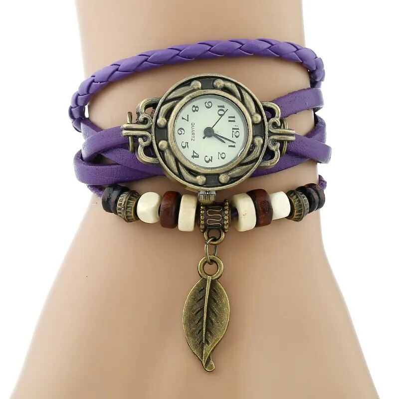 Gnova Platinum TOP Genuine Leather Bracelet Watch Women LEAF Vintage wristwatch Korean Fashion student school