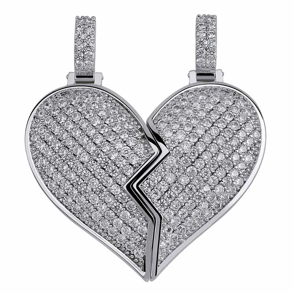 Solid Back Heart Broken With Magnet Iced Out Pendant Necklace Mens/Women CZ Chains Hip Hop Gold Silver Color Charms Jewelry Gift
