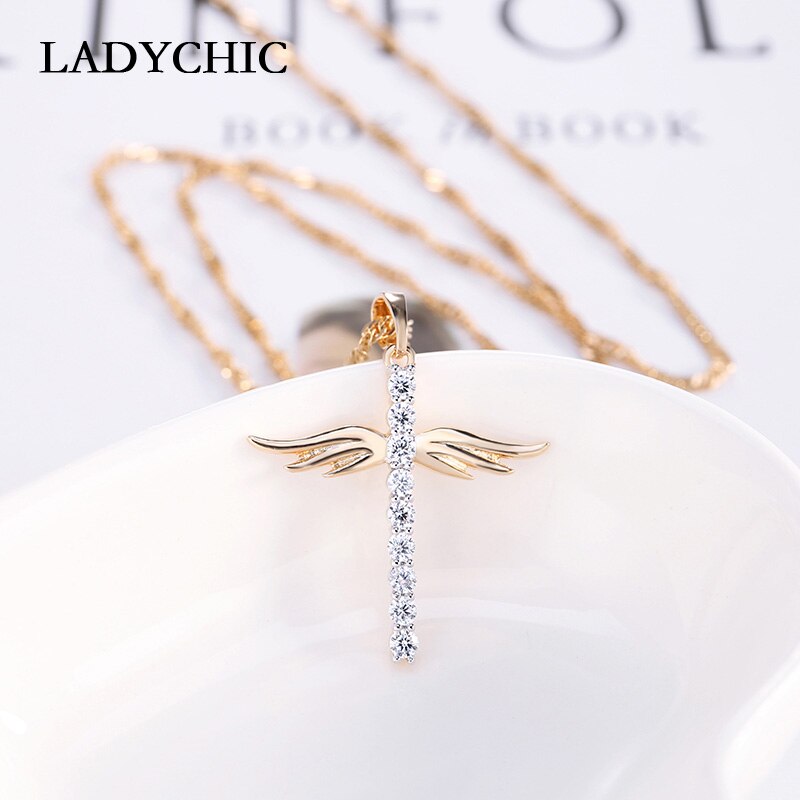 LADYCHIC Angel Wings Cross Pendant Necklace for Girl Women Fashion Style Necklaces Inlaid AAA Crystal Jewelry Wholesale LN1064