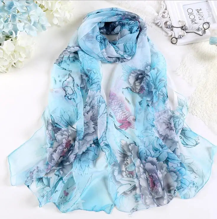 Women Fashion Chiffon Georgette Silk Scarf For Muslim Hijab Peony Flower Bandana Summber Beach Sarong Scarf&Shawl HY30