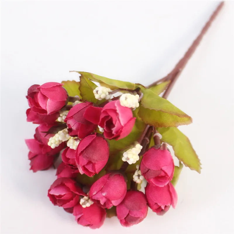 Autumn 15 Heads/Bouquet Small Bud Roses Bract Silk Artificial Flower DIY Wedding Home Christmas Decor Floral Gifts Photo Props