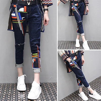 S-6XL Women's Spring Large Size Two-piece 2023 New Fashion Loose High Waist Printing Set Female High-end Shirt + Jeans Two-piece