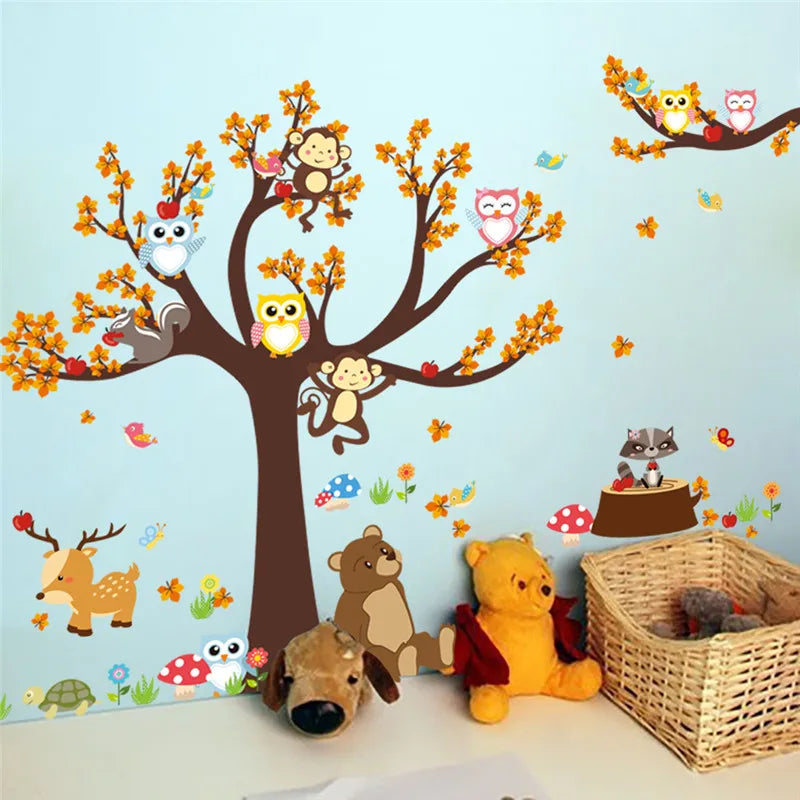 Forest Tree Branch leaf Animal Cartoon Owl Monkey Bear Deer Wall Stickers For Kids Rooms Boys Girls Children Bedroom Home Decor