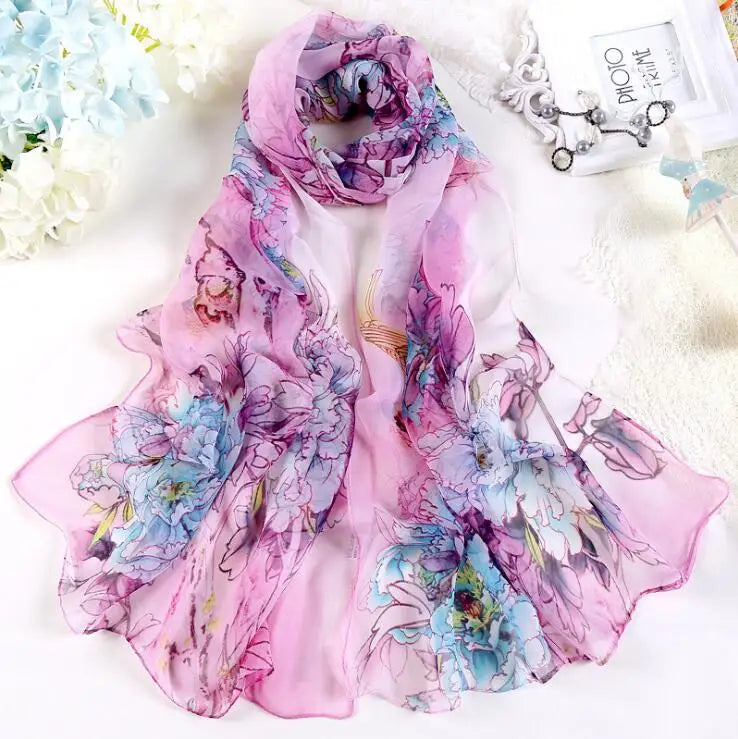 Women Fashion Chiffon Georgette Silk Scarf For Muslim Hijab Peony Flower Bandana Summber Beach Sarong Scarf&Shawl HY30