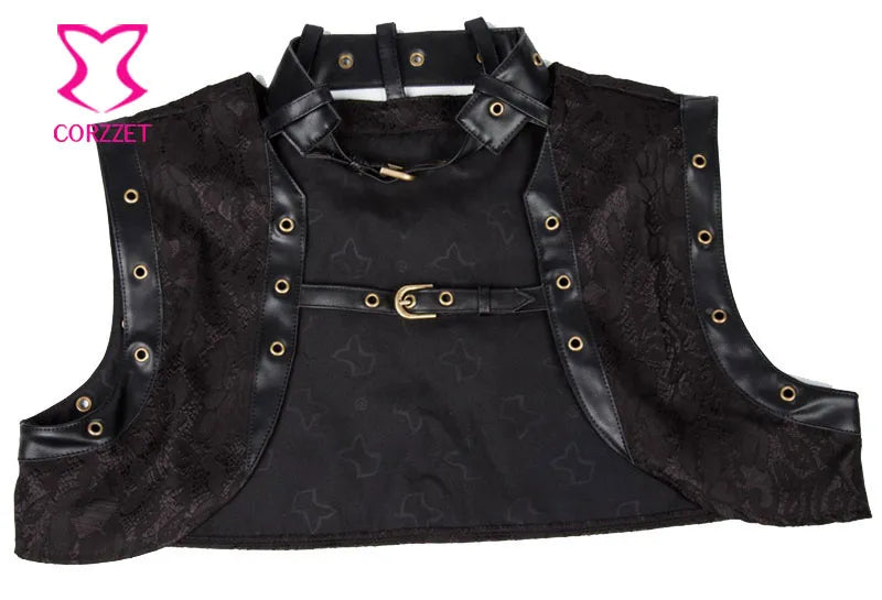 Corzzet Black Brocade Steampunk Corset Armor Waist slimming Steel Boned Bustiers Top Burlesque Halloween Overbust Corset Jacket