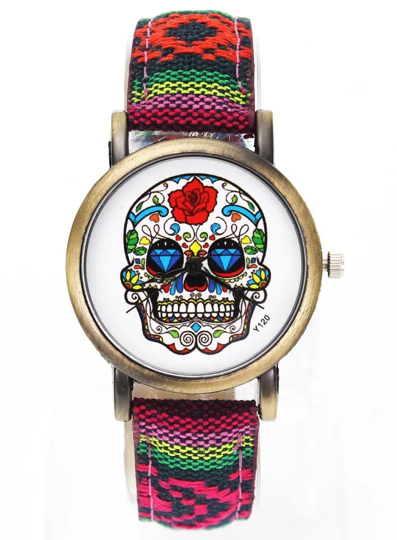 Skull Skeleton Halloween Fashion Rose Flowers Watch Men Women Military Denim Band Strap Analog Quartz Wrist Watches