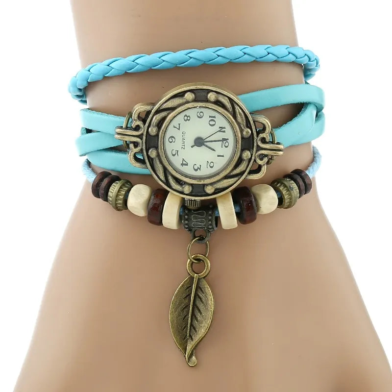 Gnova Platinum TOP Genuine Leather Bracelet Watch Women LEAF Vintage wristwatch Korean Fashion student school