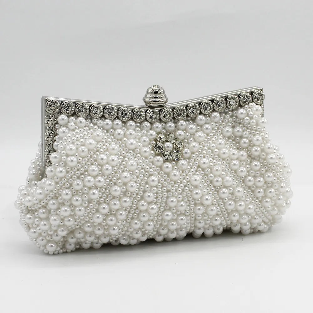 DAIWEI Women Evening Clutch Bag Ladies Wedding Bridal Handbag Pearl Beaded Diamond Day Cluthes Crystal Purse Party Wedding Beige
