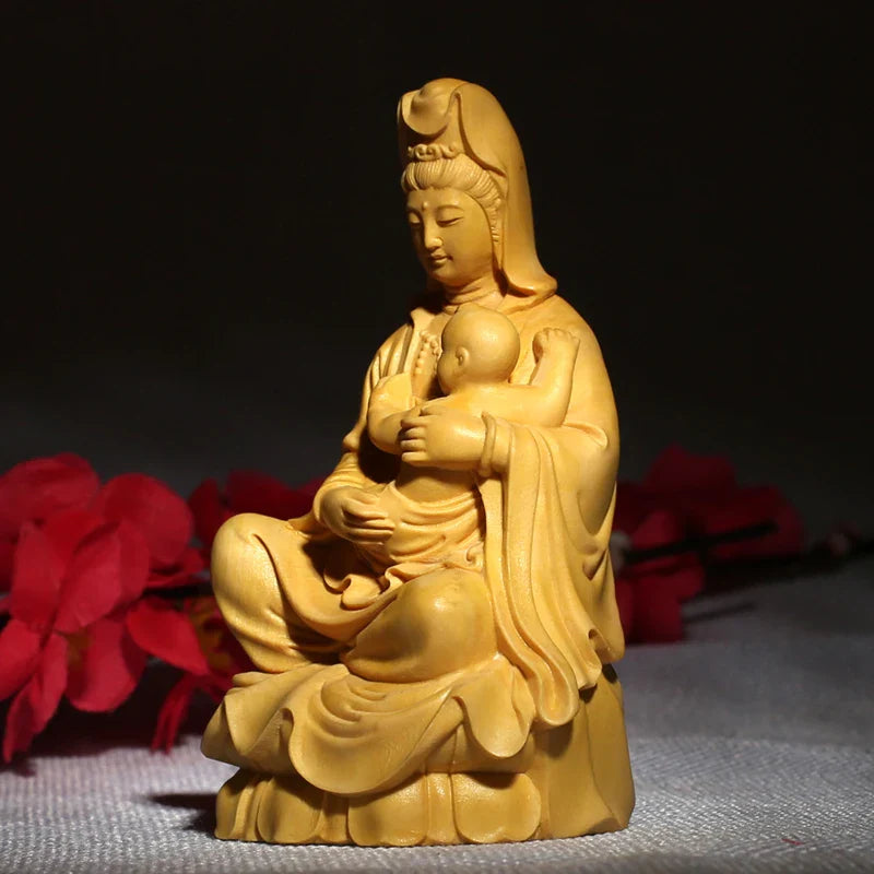 Guan Yin Embracing Child: Exquisite Wooden Buddha Representation, Artful Carved Miniature Sculpture for Elevated Home Decor
