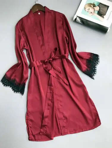 Womens Sexy Silk Satin Nightgrown Lace Long Sleeve Sleepwear Robes Night Gown Nightwear Women Clothing