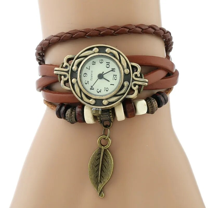 Gnova Platinum TOP Genuine Leather Bracelet Watch Women LEAF Vintage wristwatch Korean Fashion student school