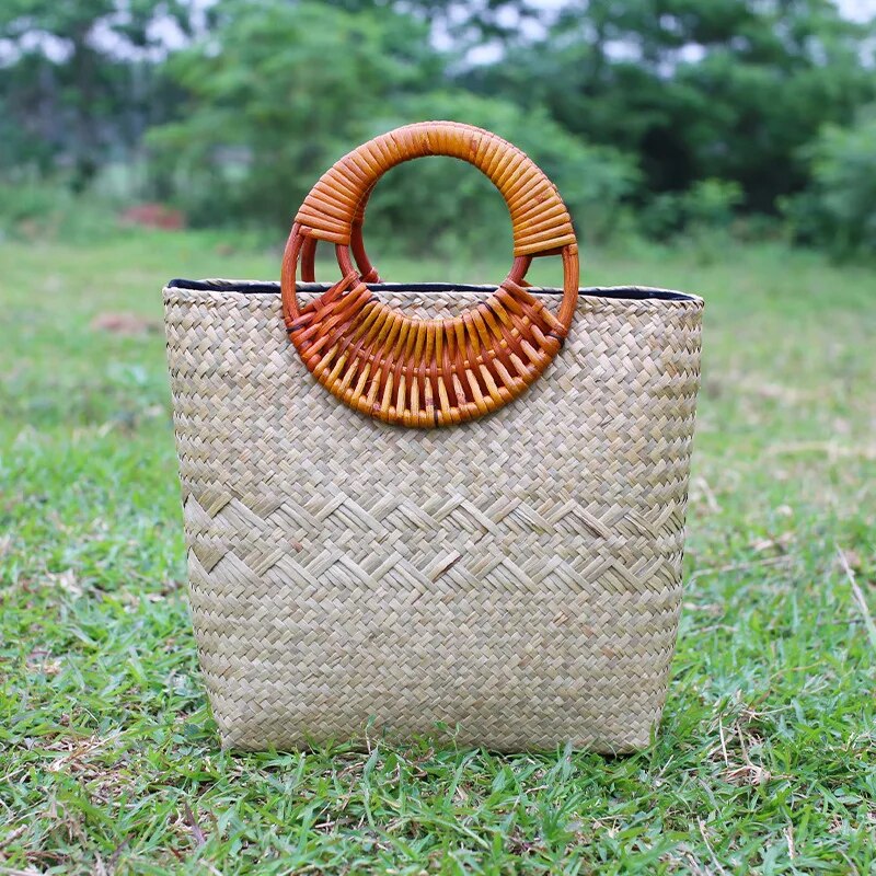 28x24CM The New Thai  Simple Handmade Straw Bag Rattan Cloth Handbag  Cotton And Linen  A4185