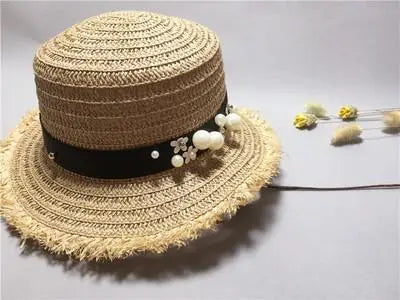 lovely Flat top straw hat Summer Spring women's trip caps leisure pearl beach sun hats black breathable fashion flower girl hat