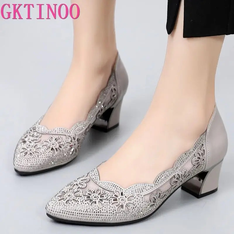GKTINOO 2026 Summer Fashion Hollow Out Genuine Leather Pumps Women Shoes Med Heels Square Heel Mesh Ladies Office Shoes Crystal