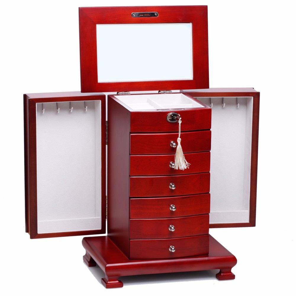 ROWLING Fashion Large Classic Wooden Storage Boxes&amp;Bins Luxury Jewellery Box Earring Bracelets Organizer 6 Drawers Mirror MG010