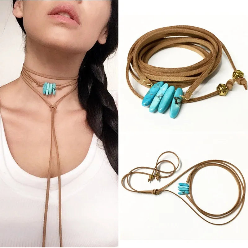 Fashion Jewelry Brown Rope Necklace Leather Turquoises Charm Bow Choker DIY Necklace Gift For Women Girl