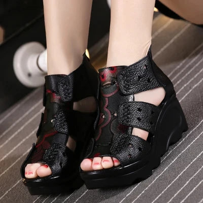 GKTINOO 2026 Ethnic Style Genuine Leather Women Shoes Sandals Wedges Sandals Handmade Genuine Leather Women Sandal