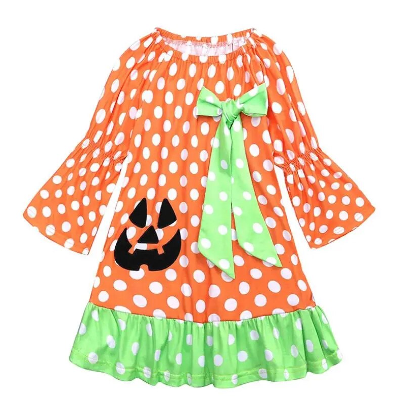 2018Baby Girl Halloween Dress Long sleeves Polka Dot Pumpkin Print Patchwork Princess Girls Holiday Party Costume 1-6Y