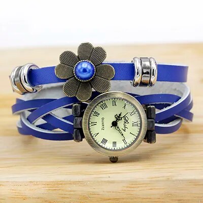 Shsby  New Women Vintage Leather Strap Watches Pearl Sun Flower Bracelet Women Watch Brown Women Wristwatch