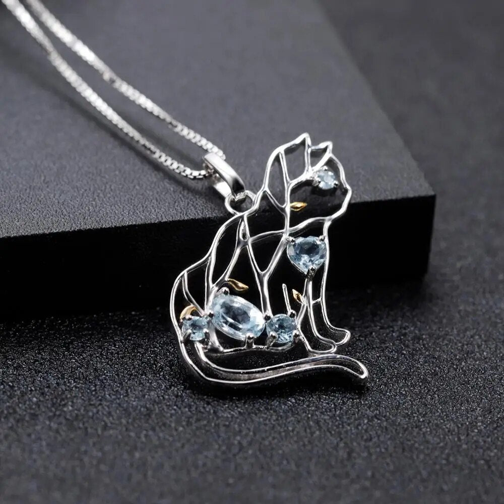 GEM'S BALLET Cat Shape Natural Sky Blue Topaz Animal Jewelry 925 Sterling Silver Handmade Gemstone Pendant Necklace For Women