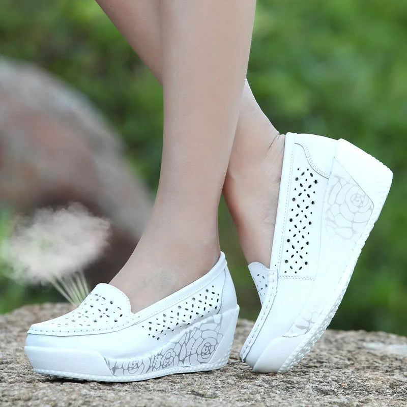 MudiPanda Summer 2017 Women's Shoes Genuine Leather Breathable Shoes Swing Female Shoes Platform  Nurse  Work Shoes