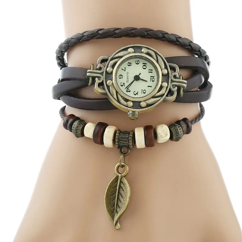 Gnova Platinum TOP Genuine Leather Bracelet Watch Women LEAF Vintage wristwatch Korean Fashion student school
