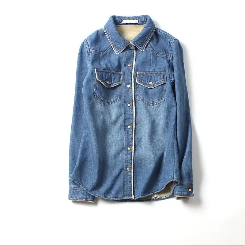 New Winter Ladies Thick Warm Denim Shirts Streetwear Slim Fit Lapel Collar Shirts Female Fleece Lining Jean Shirts S-2XL