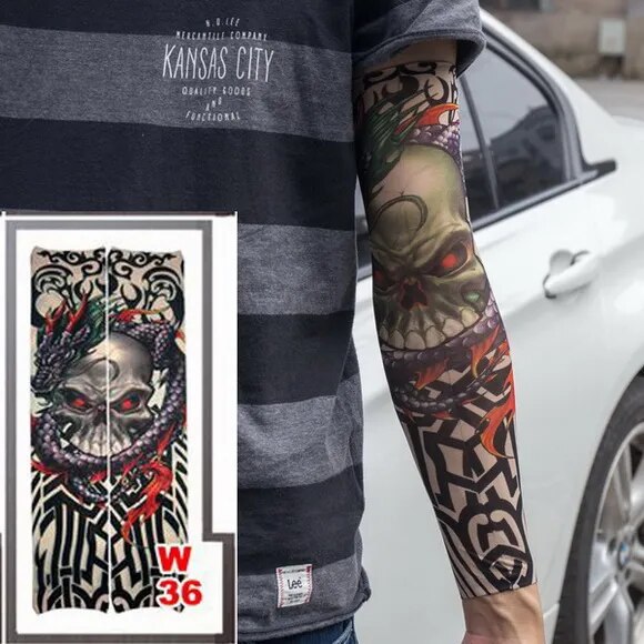 1pc hot sale tattoo sleeve  styles elastic Fake 100%nylon Arm stocking beloved girl Buddha Wolf Dragon design halloween cool men