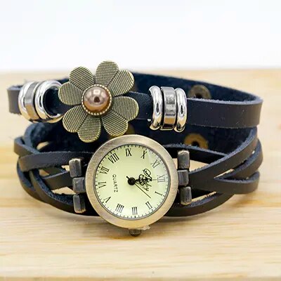 Shsby  New Women Vintage Leather Strap Watches Pearl Sun Flower Bracelet Women Watch Brown Women Wristwatch