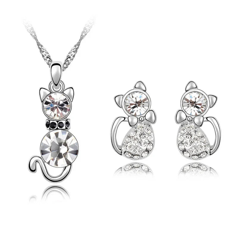 Crystal cute cat catty pendant necklace earrings quality charm lover gift fashion jewelry set birthday summer party dropshipping