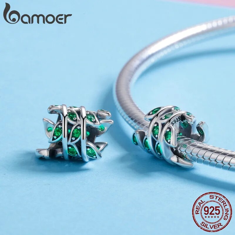 BAMOER 100% 925 Sterling Silver Tree of Life Green Tree Leaves Beads fit Women Bracelet & Necklaces DIY Jewelry Making SCC567
