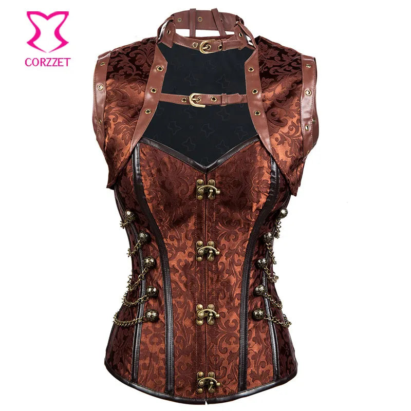 Corzzet Black Brocade Steampunk Corset Armor Waist slimming Steel Boned Bustiers Top Burlesque Halloween Overbust Corset Jacket