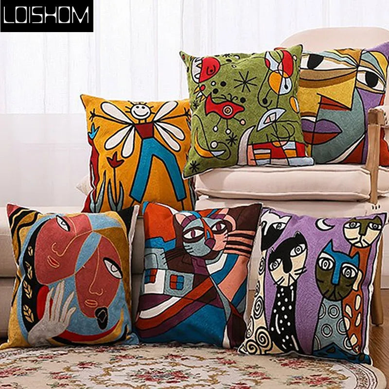 Drop Ship Cotton Canvas Embroidery Pillow Cover Abstract Cushion Cover Home Decor Cushion Decorative Pillow Case Pillow Sham