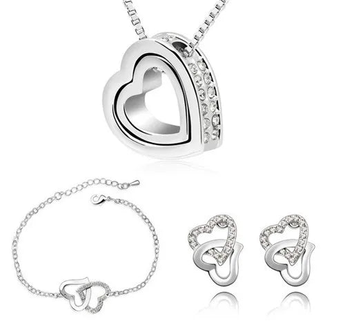 Double Heart pendant necklace earrings bracelets fashion Jewelry sets charm lover quality AAAA+ rhinestones wedding girl summer