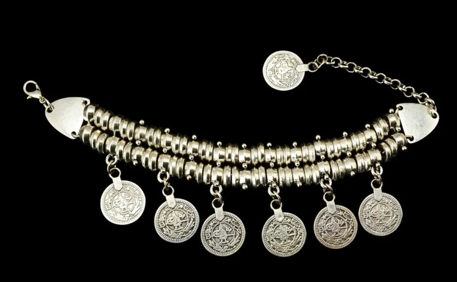 Fashion Men Bangle Bohemian Vintage Turkish Silver Plated Antalya Bracelet Gypsy Beach Chic Festival Silver Coin Bracelet