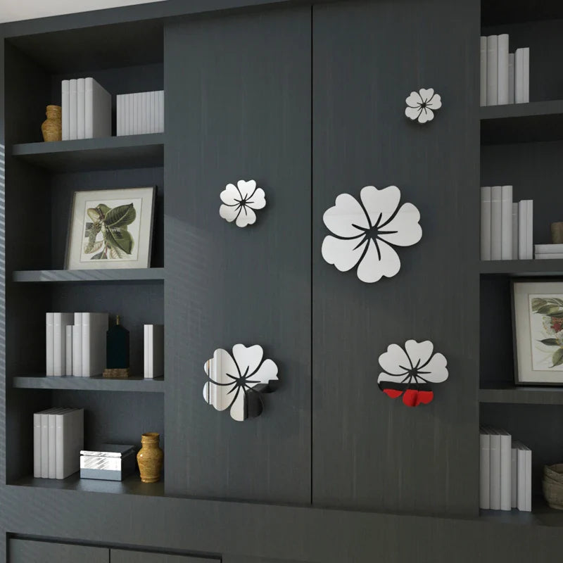 5 pcs Flower Pattern Wall Sticker Home Decor 3D Wall Decal Art DIY Mirror Wall Stickers Living Room Decoration Silver/Gold