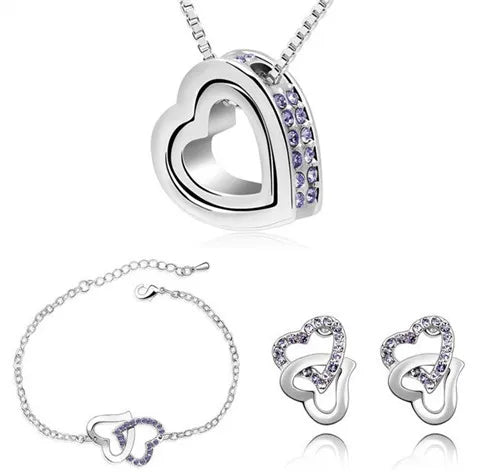 Double Heart pendant necklace earrings bracelets fashion Jewelry sets charm lover quality AAAA+ rhinestones wedding girl summer