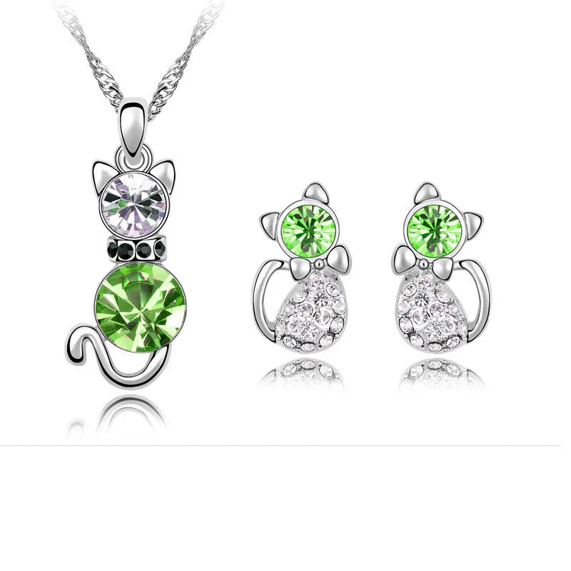 Crystal cute cat catty pendant necklace earrings quality charm lover gift fashion jewelry set birthday summer party dropshipping