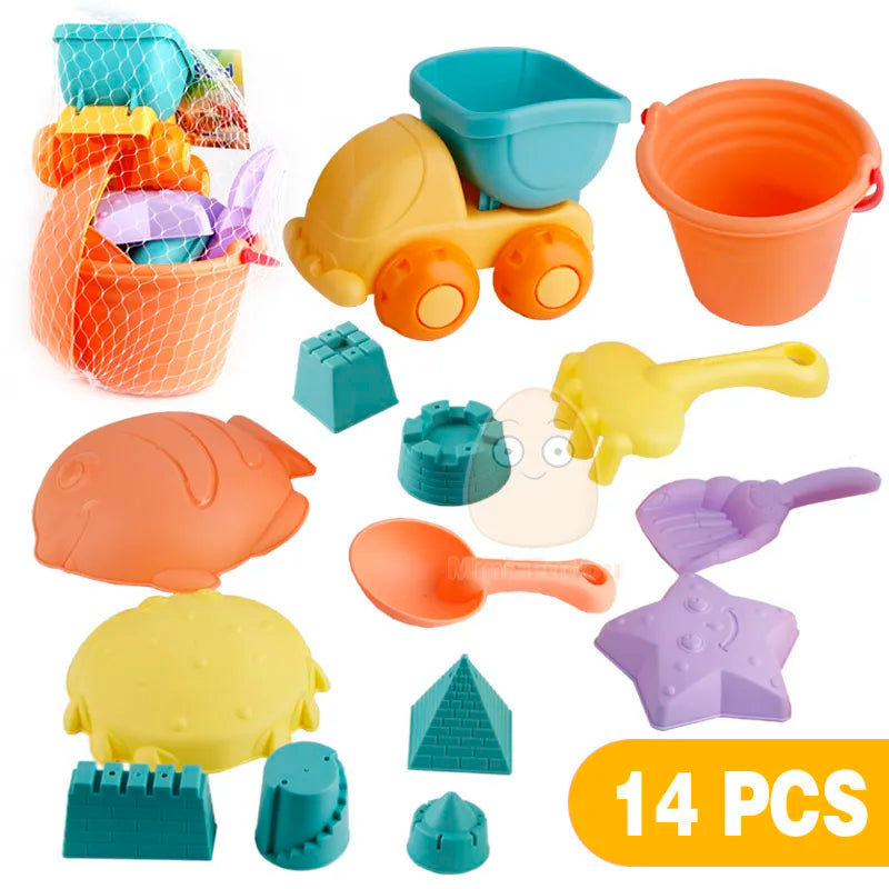 Summer Silicone Soft Baby Beach Toys Kids Play Set Beach Cart Ducks Bucket Sand Molds Tool Water Game