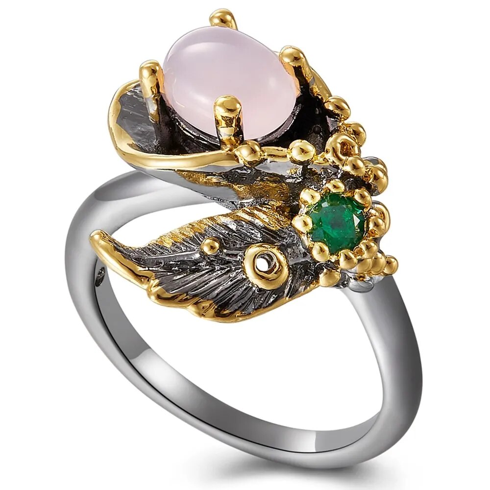 DreamCarnival1989 Fashion Pink Opal Finger Ring for Women 7 8 9 Size Flower Blossom Jewelry Black Gold Color Hot Selling WA11665