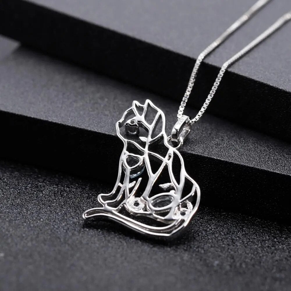 GEM'S BALLET Cat Shape Natural Sky Blue Topaz Animal Jewelry 925 Sterling Silver Handmade Gemstone Pendant Necklace For Women