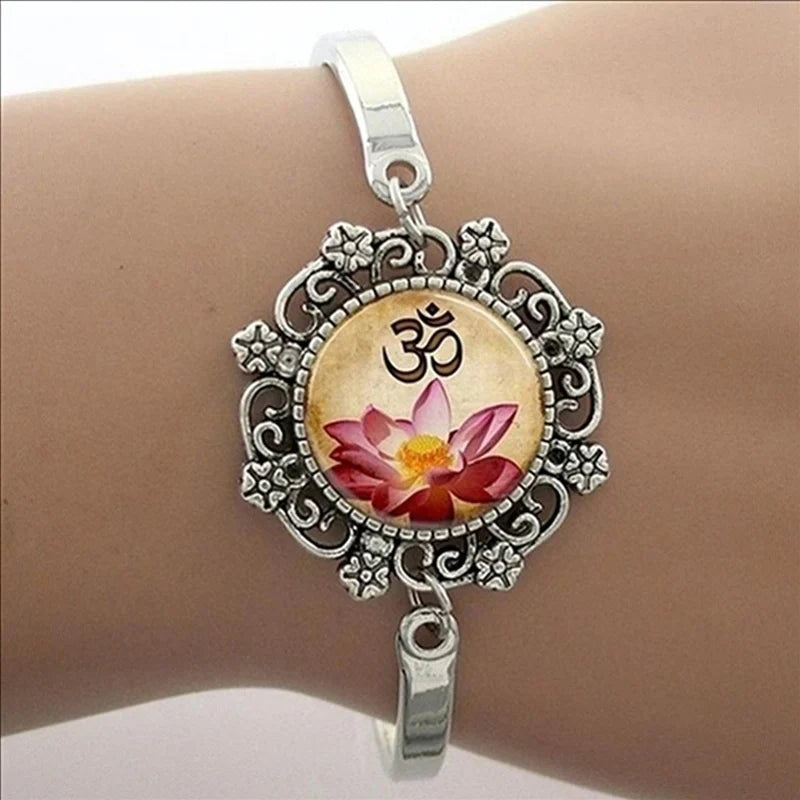 TAFREE Glass Cabochon Dome Lace Flower Charm Bracelet Women's Love Christmas Gift Good Quality Cuff Bangles